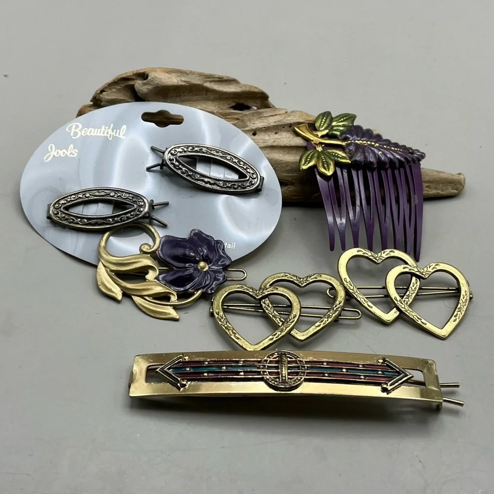 Vintage Hair Clip & Comb Lot - Etched Oval Purple Flower Double Hearts Art Deco